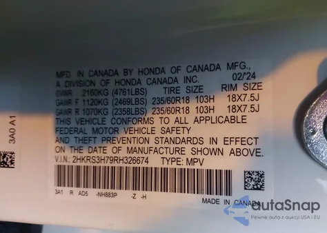 2024 Honda Cr-V Ex-L 2Wd z USA, uszkodzony, nr VIN 2HKRS3H79RH326674